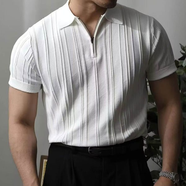 Trendy Collared Half Zip Short Sleeve Summer Men Ribbed Knit Top