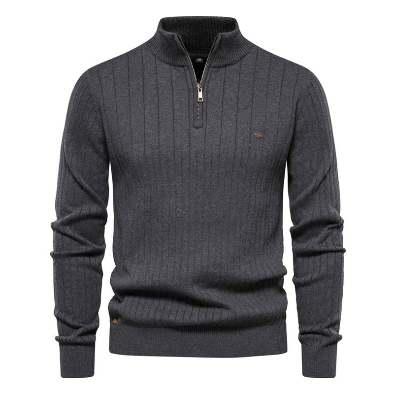 Trendy Half Zip High Neck Long Sleeve Ribbed Knit Winter Men Pullover Sweater