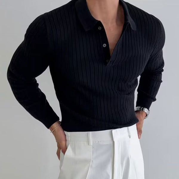 Trendy Solid Color Collared Half Button Long Sleeve Men Ribbed Knit Sweater