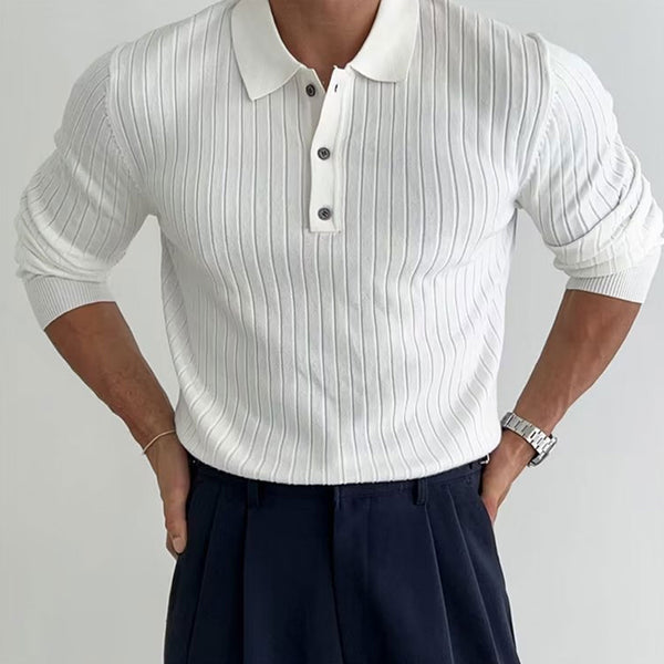 Trendy Solid Color Collared Half Button Long Sleeve Men Ribbed Knit Sweater