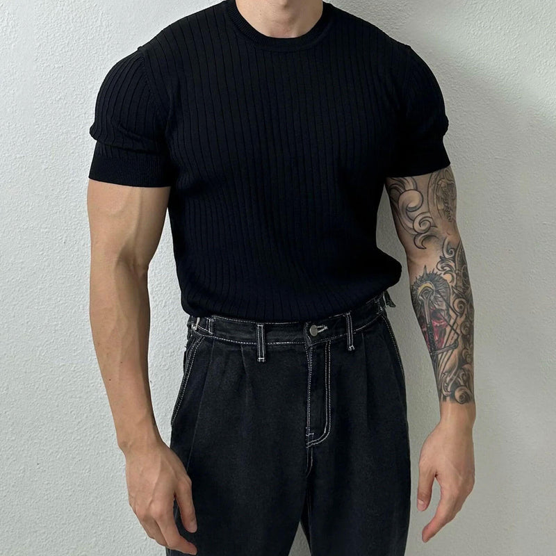 Trendy Solid Color Crew Neck Short Sleeve Summer Men Ribbed Knit Top