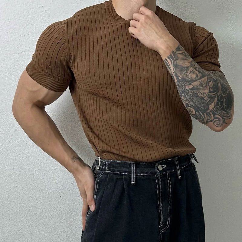 Trendy Solid Color Crew Neck Short Sleeve Summer Men Ribbed Knit Top