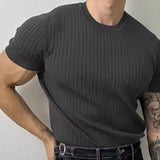 Trendy Solid Color Crew Neck Short Sleeve Summer Men Ribbed Knit Top