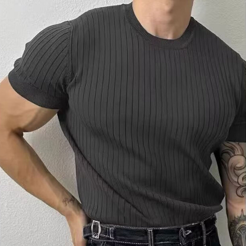 Trendy Solid Color Crew Neck Short Sleeve Summer Men Ribbed Knit Top