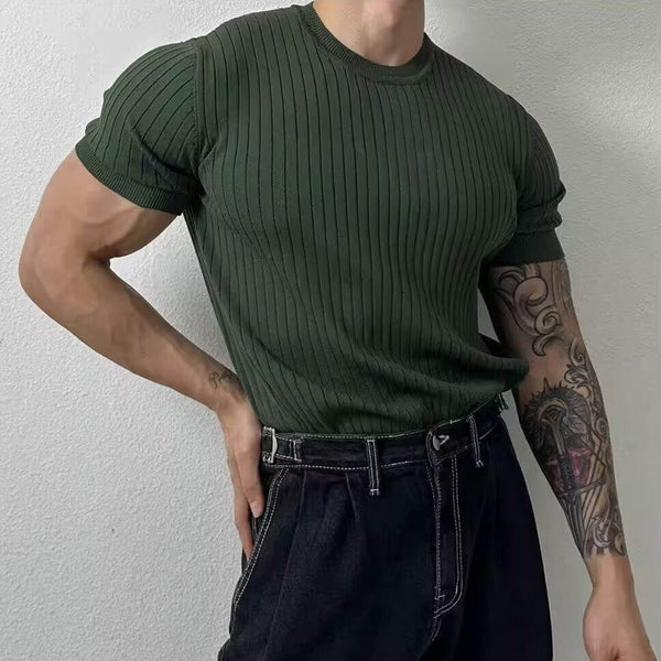 Trendy Solid Color Crew Neck Short Sleeve Summer Men Ribbed Knit Top