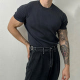 Trendy Solid Color Crew Neck Short Sleeve Summer Men Ribbed Knit Top