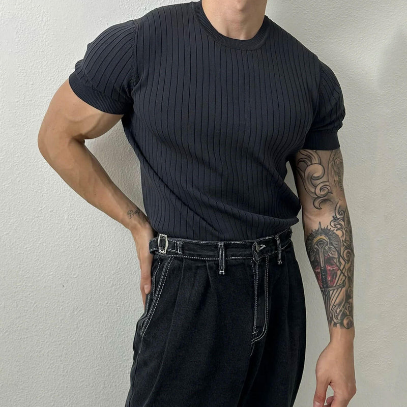 Trendy Solid Color Crew Neck Short Sleeve Summer Men Ribbed Knit Top