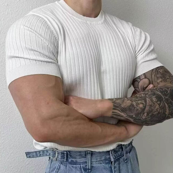 Trendy Solid Color Crew Neck Short Sleeve Summer Men Ribbed Knit Top