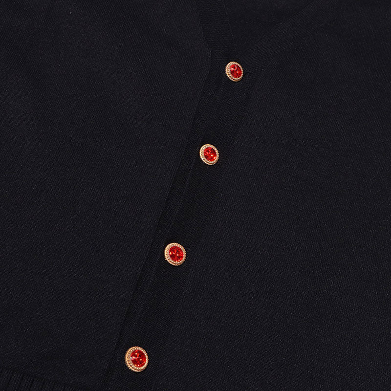 Unconventional Hooded Ribbed Knit V Neck Crystal Button Long Sleeve Cardigan