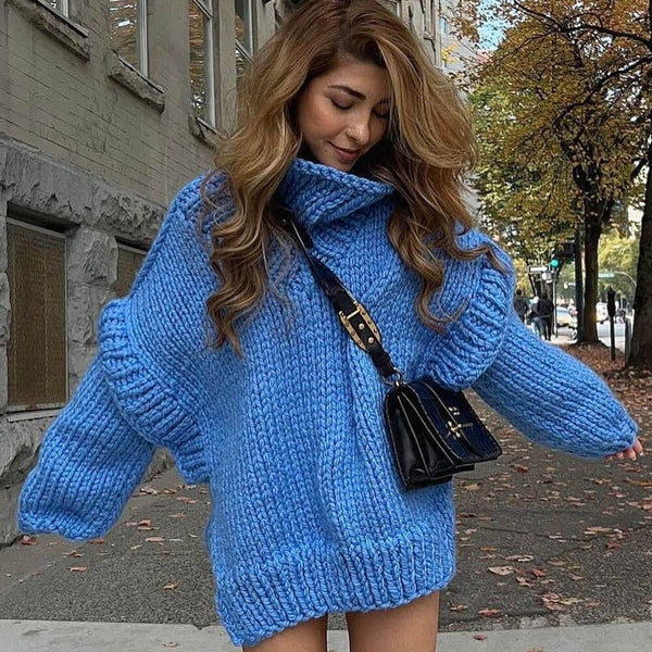 Unique Chunky Rib Knit Turtleneck Layered Long Sleeve Side Split Oversized Sweater