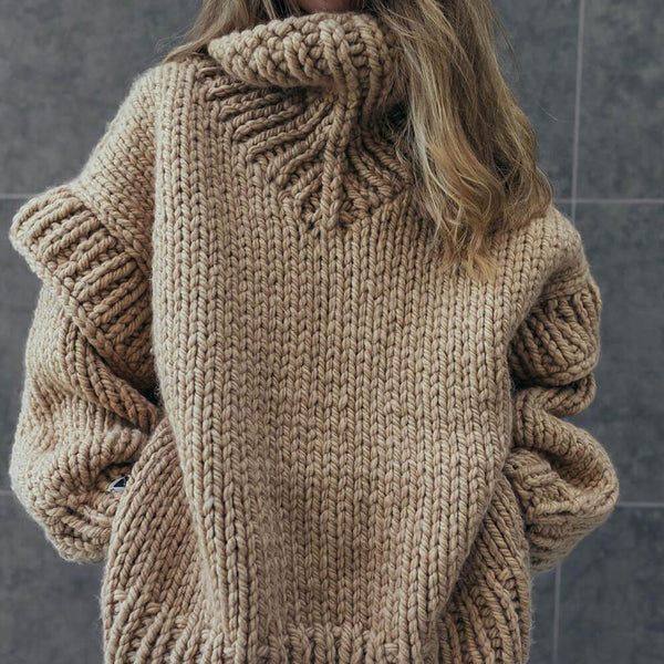 Unique Chunky Rib Knit Turtleneck Layered Long Sleeve Side Split Oversized Sweater