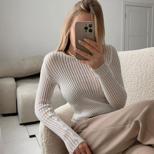 Unique Crew Neck Long Sleeve Sheer Laddered Rib Knit Top