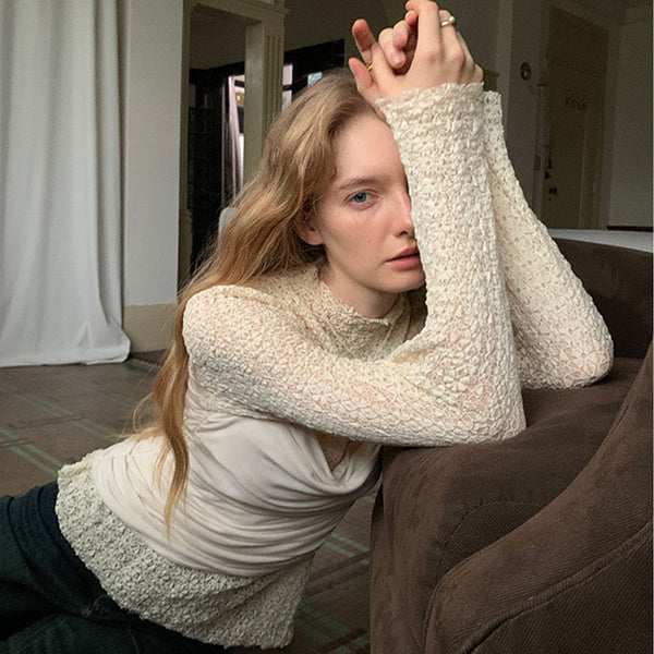 Unique Mock Neck Long Sleeve Ruched Panel Sheer Textured Knit Sweater