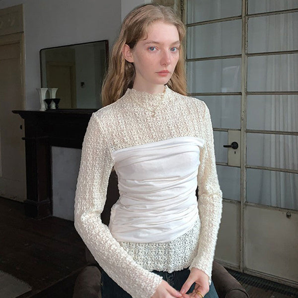 Unique Mock Neck Long Sleeve Ruched Panel Sheer Textured Knit Sweater