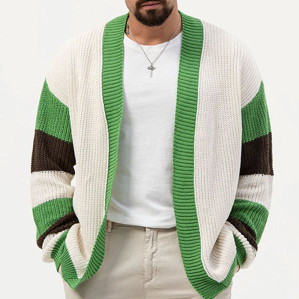 Vibrant Open Front Color Panel Long Sleeve Men Rib Knit Cardigan