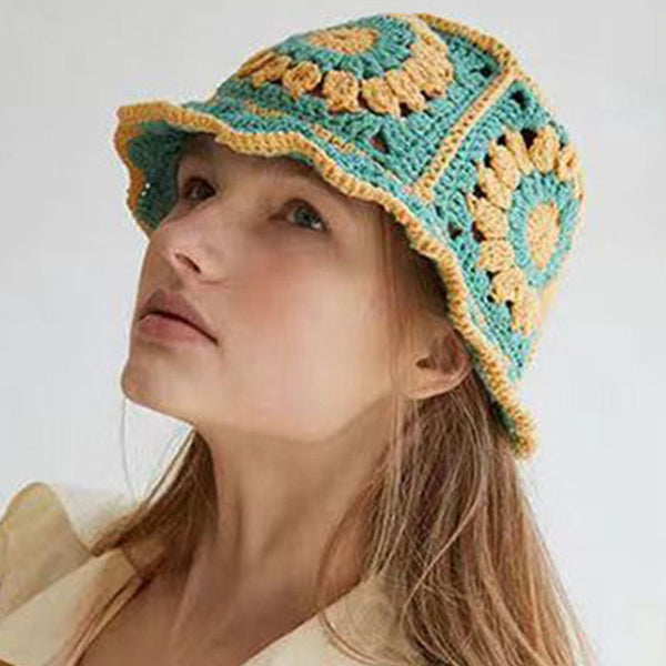 Vintage Bloom Floral Hand Made Knit Crochet Granny Square Bucket Hat