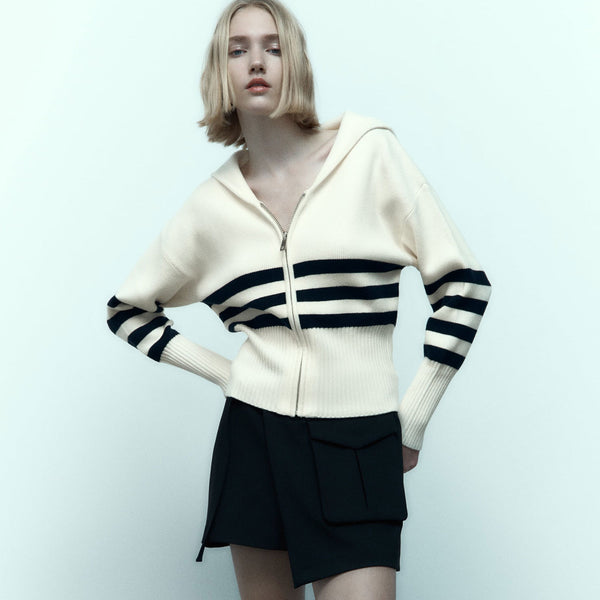 Vintage Collared Zip Up Drop Sleeve Contrast Striped Ribbed Knit Cardigan