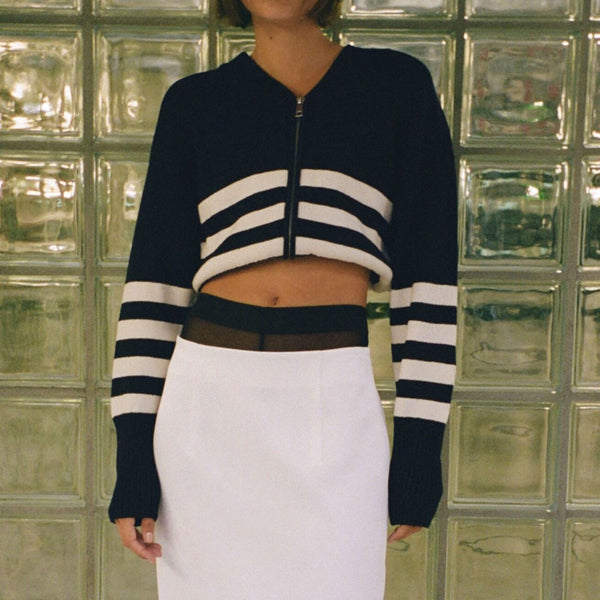 Vintage Collared Zip Up Drop Sleeve Contrast Striped Ribbed Knit Cardigan
