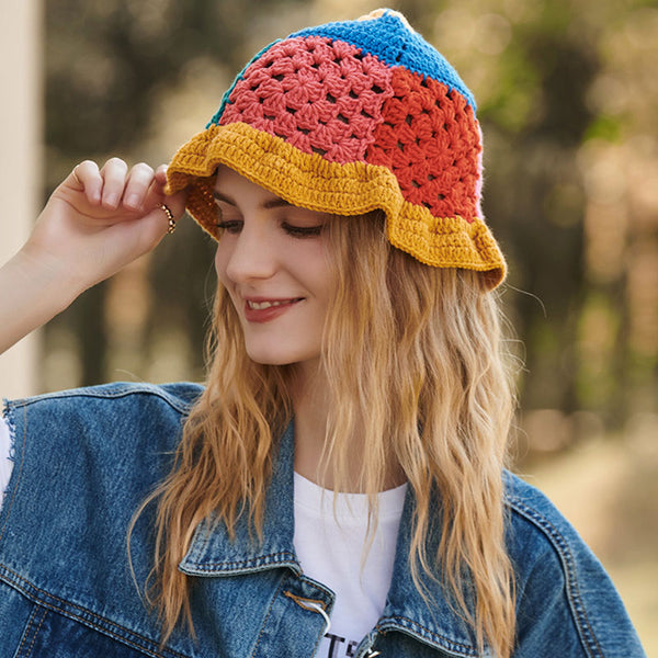 Vintage Color Panel Hand Made Knit Crochet Granny Square Bucket Hat