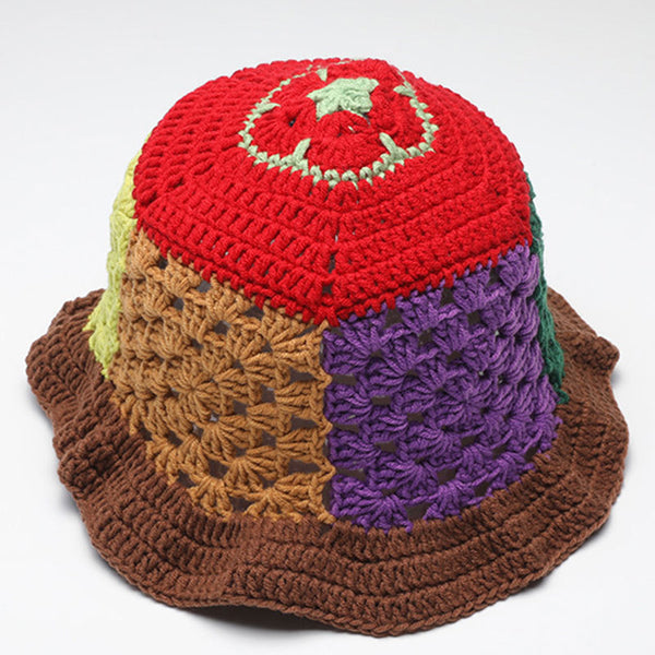 Vintage Color Panel Hand Made Knit Crochet Granny Square Bucket Hat