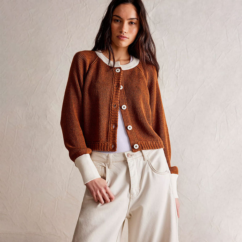 Vintage Contrast Color Crew Neck Ribbed Knit Button Up Cropped Cardigan