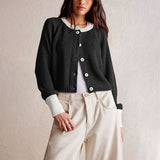 Vintage Contrast Color Crew Neck Ribbed Knit Button Up Cropped Cardigan