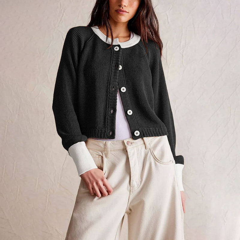 Vintage Contrast Color Crew Neck Ribbed Knit Button Up Cropped Cardigan