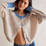 Vintage Contrast Color Crew Neck Ribbed Knit Button Up Cropped Cardigan