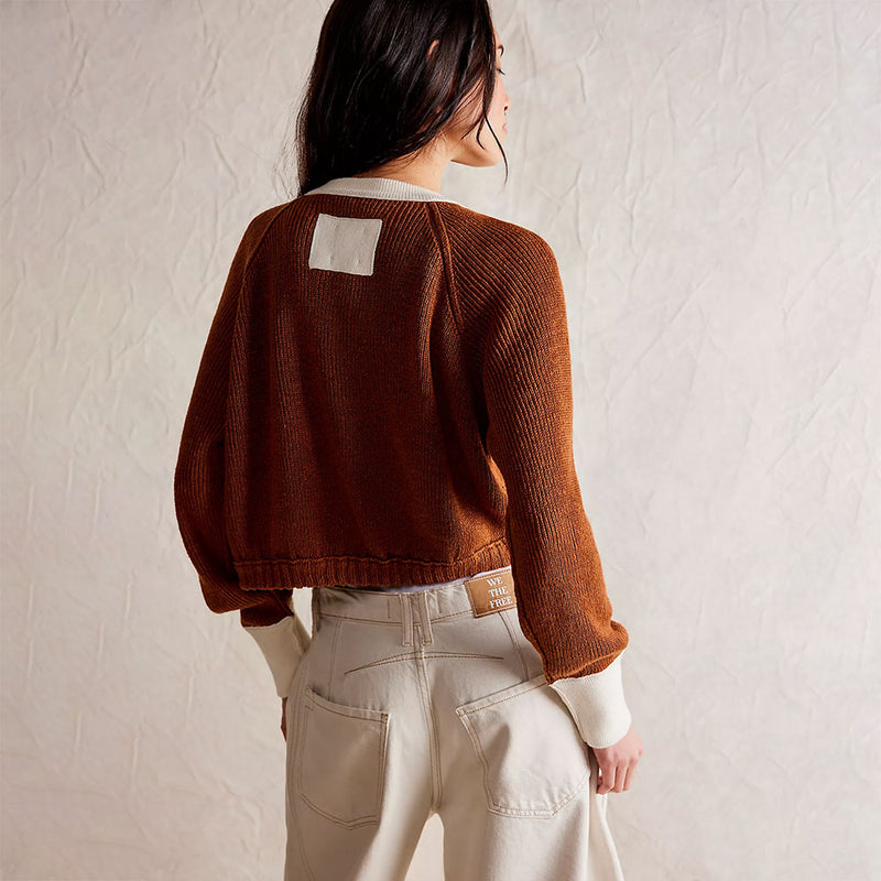 Vintage Contrast Color Crew Neck Ribbed Knit Button Up Cropped Cardigan