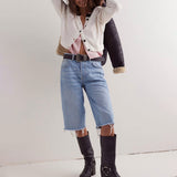Vintage Contrast Color Crew Neck Ribbed Knit Button Up Cropped Cardigan