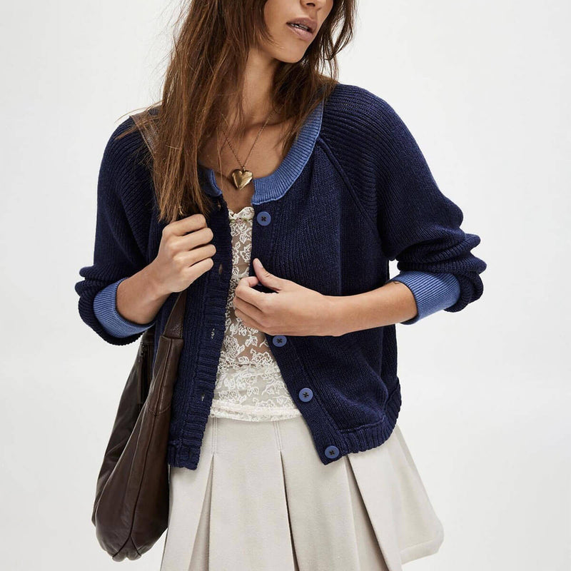 Vintage Contrast Color Crew Neck Ribbed Knit Button Up Cropped Cardigan