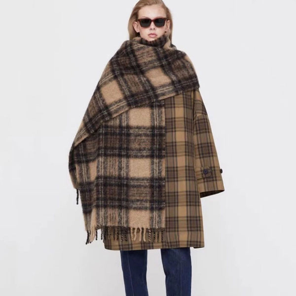 Vintage Contrast Plaid Print Fringe Trim Brushed Mohair Blend Knit Winter Wrap Scarf
