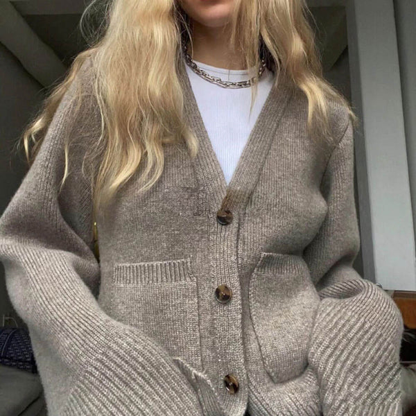 Vintage Deep V Neck Button Up Rib Knit Long Sleeve Patch Pocket Cashmere Cardigan