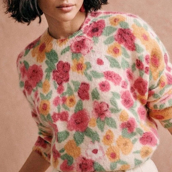 Vintage Floral Print Crew Neck Long Sleeve Wool Blend Oversized Sweater