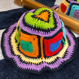 Vintage Multicolor Hand Made Knit Crochet Granny Square Bucket Hat
