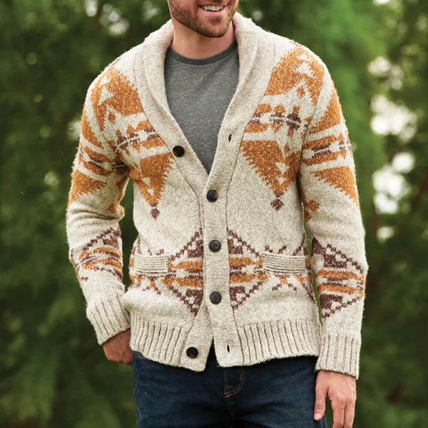 Vintage Nordic Fair Isle Pattern Shawl Collar Winter Men