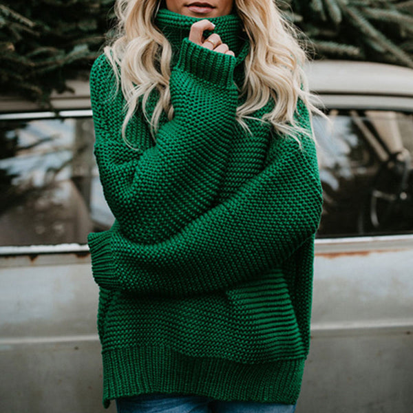 Vintage Oversized Long Sleeve Side Split Pullover Knit Turtleneck Sweater