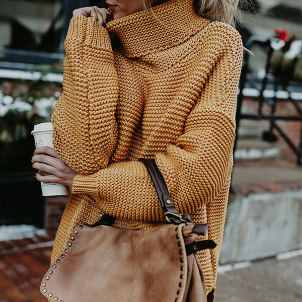 Vintage Oversized Long Sleeve Side Split Pullover Knit Turtleneck Sweater
