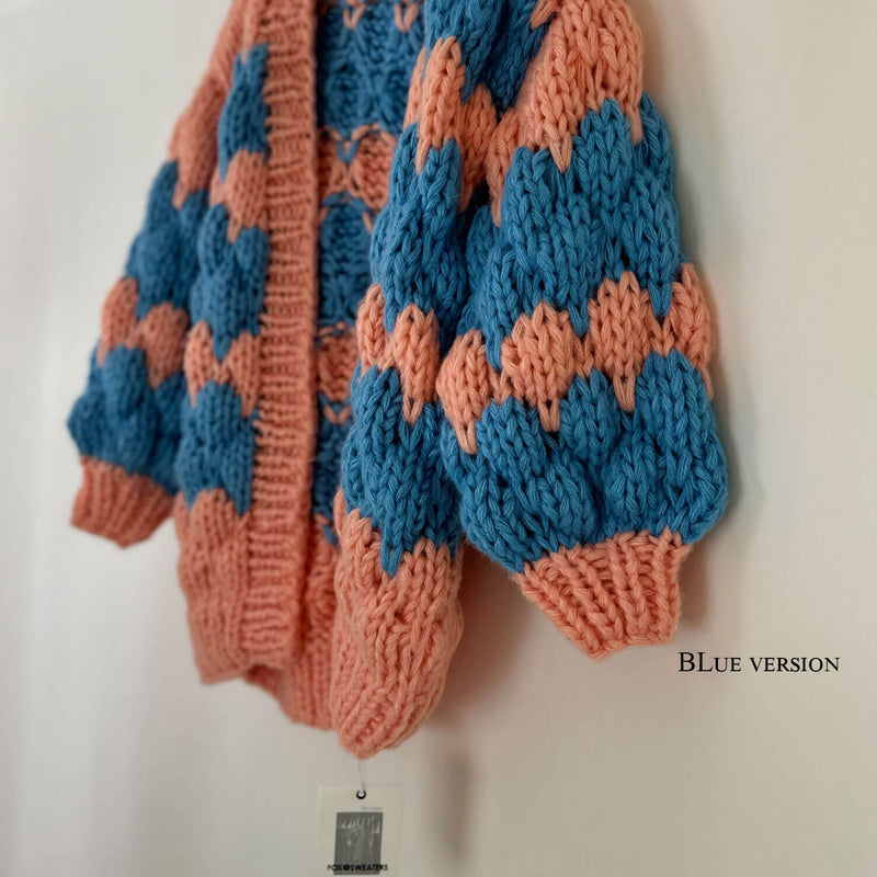 Vintage Oversized Puff Sleeve Hand Knit Chunky Yarn Popcorn Cardigan