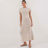 Vintage Roll Trim Rib Knit Round Neck Cap Sleeve Split Sweater Maxi Dress