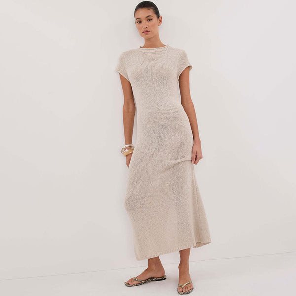 Vintage Roll Trim Rib Knit Round Neck Cap Sleeve Split Sweater Maxi Dress