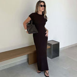 Vintage Roll Trim Rib Knit Round Neck Cap Sleeve Split Sweater Maxi Dress