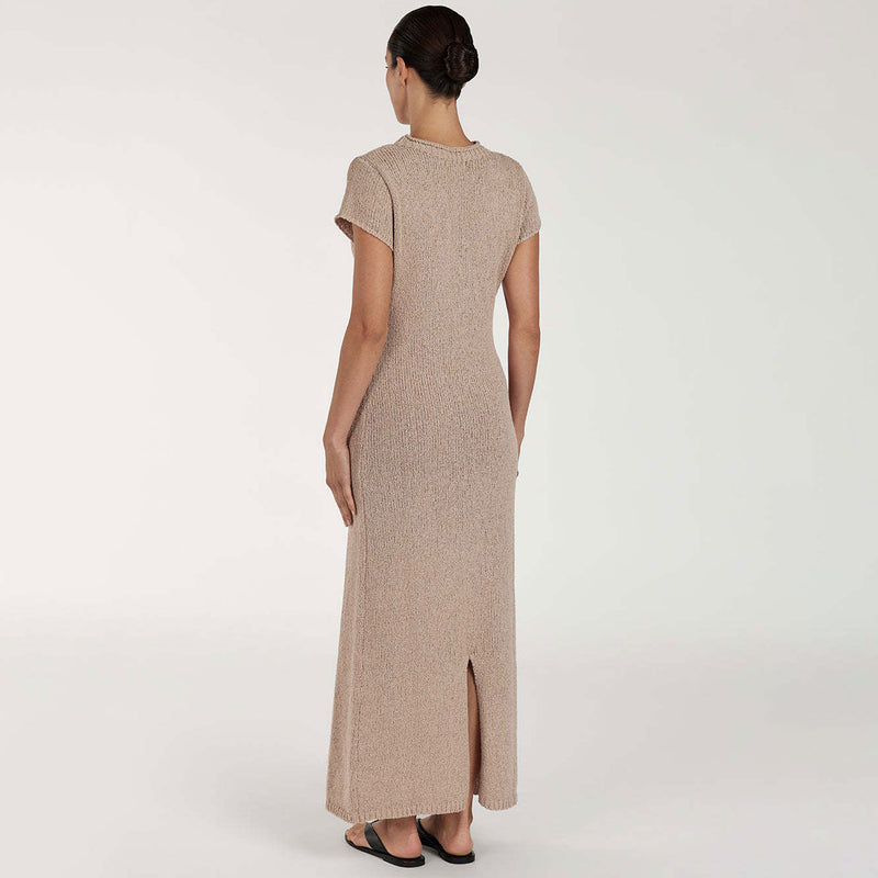 Vintage Roll Trim Rib Knit Round Neck Cap Sleeve Split Sweater Maxi Dress