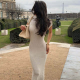 Vintage Roll Trim Rib Knit Round Neck Cap Sleeve Split Sweater Maxi Dress