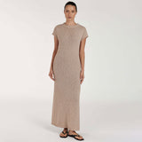 Vintage Roll Trim Rib Knit Round Neck Cap Sleeve Split Sweater Maxi Dress
