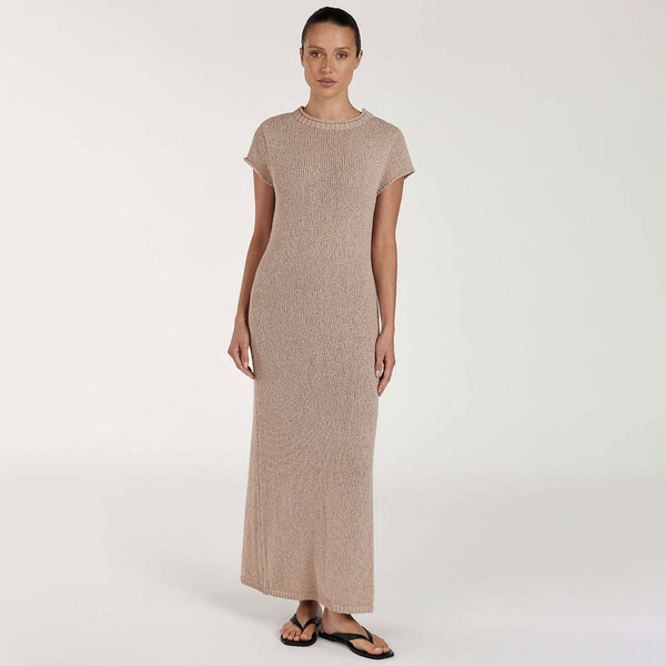 Vintage Roll Trim Rib Knit Round Neck Cap Sleeve Split Sweater Maxi Dress
