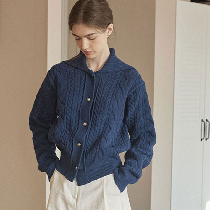 Vintage Sailor Collar Button Up Oversized Cable Knit Fisherman Cardigan