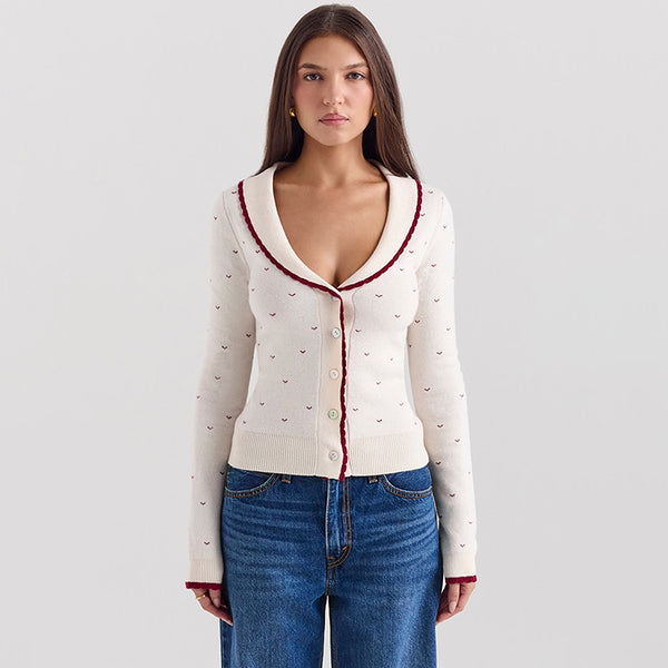 Vintage Scalloped Collar Button Up Long Sleeve Sweet Heart Knit Cardigan