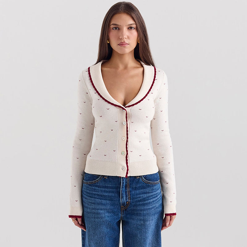Vintage Scalloped Collar Button Up Long Sleeve Sweet Heart Knit Cardigan