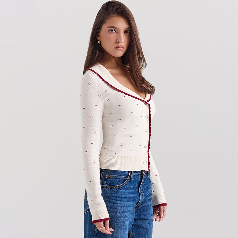 Vintage Scalloped Collar Button Up Long Sleeve Sweet Heart Knit Cardigan